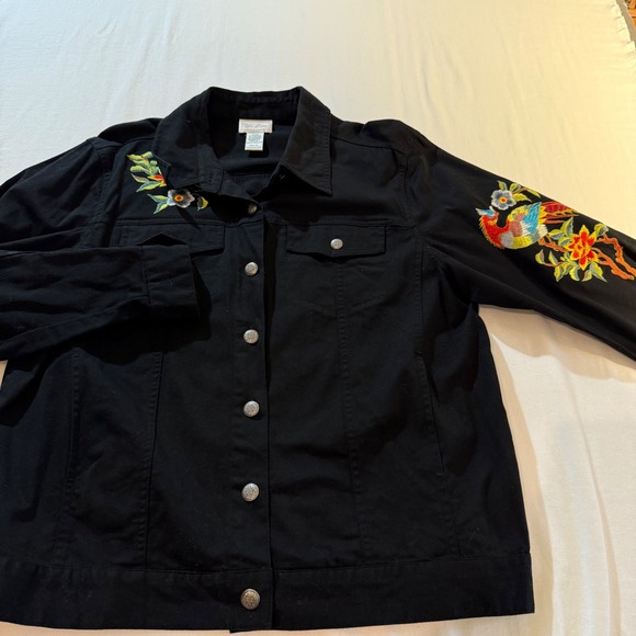 Yi Lin Black Embroidered Bird‎ Floral Denim Jacket Women's Size L - Picture 9 of 12
